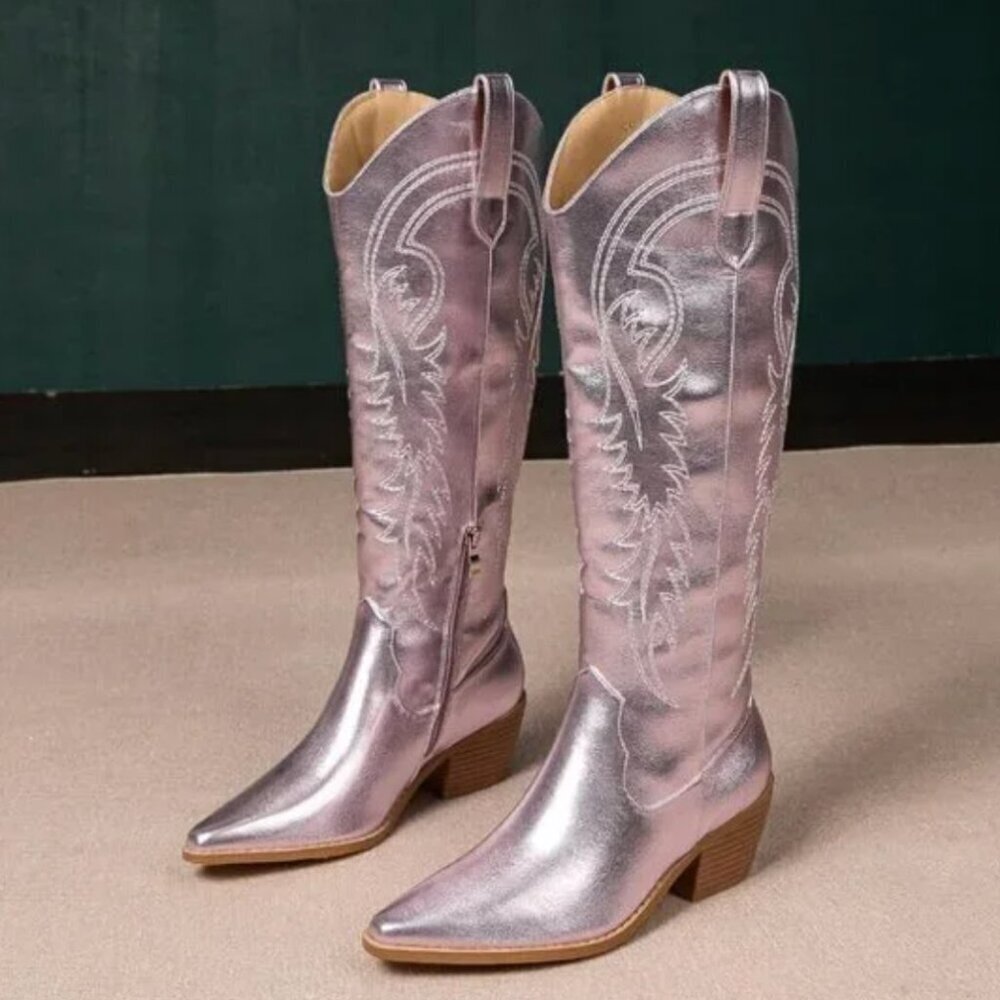 Women Western Cowboy Boots Knee High Pointed‎ Toe Pink Cowgirl Boots With Zipper